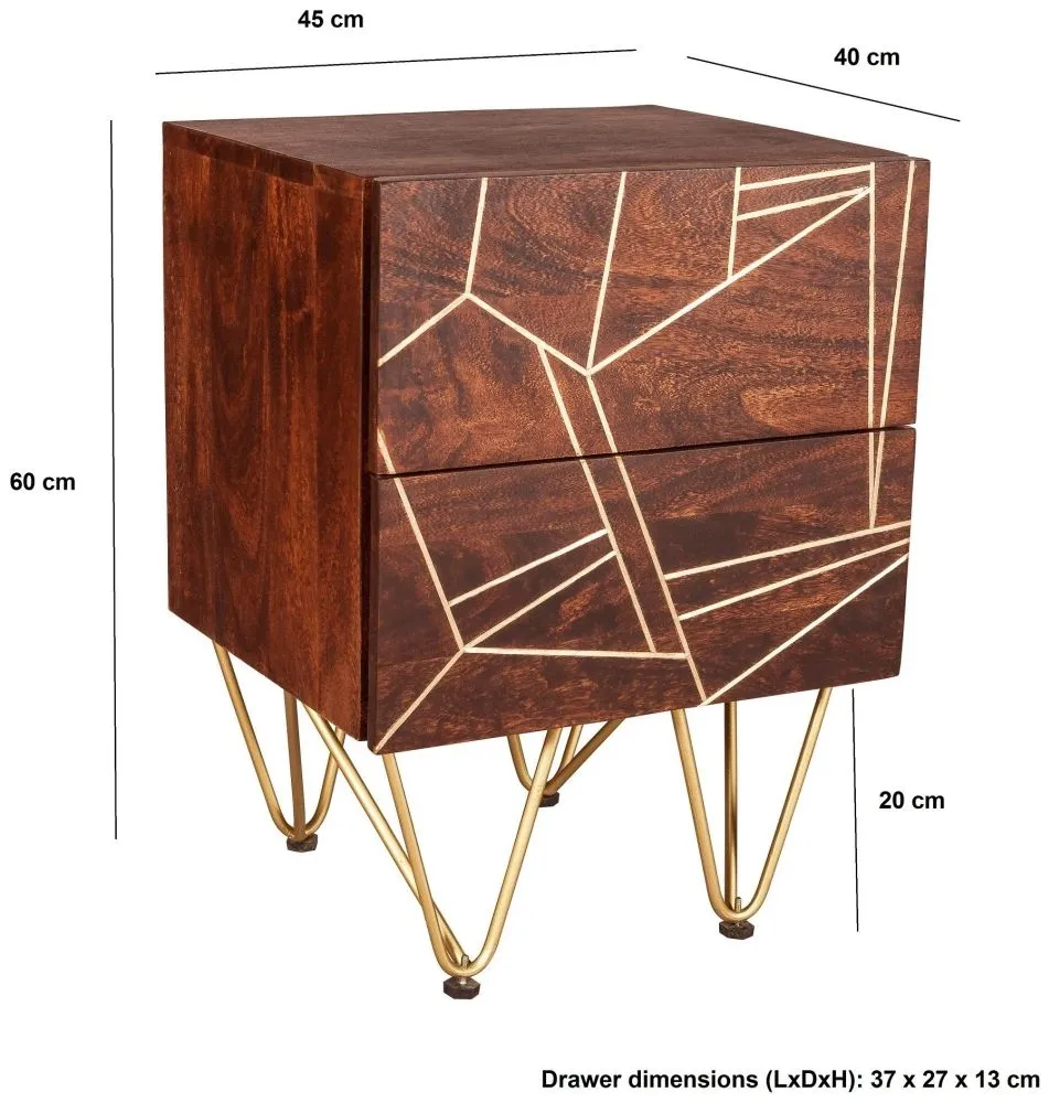 Kaza 2 Drawer Side Table with Gold Inlay - Dark Walnut, Mango Wood