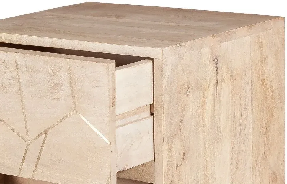 Kaza 2 Drawer Side Table with Gold Inlay - Light Natural, Mango Wood