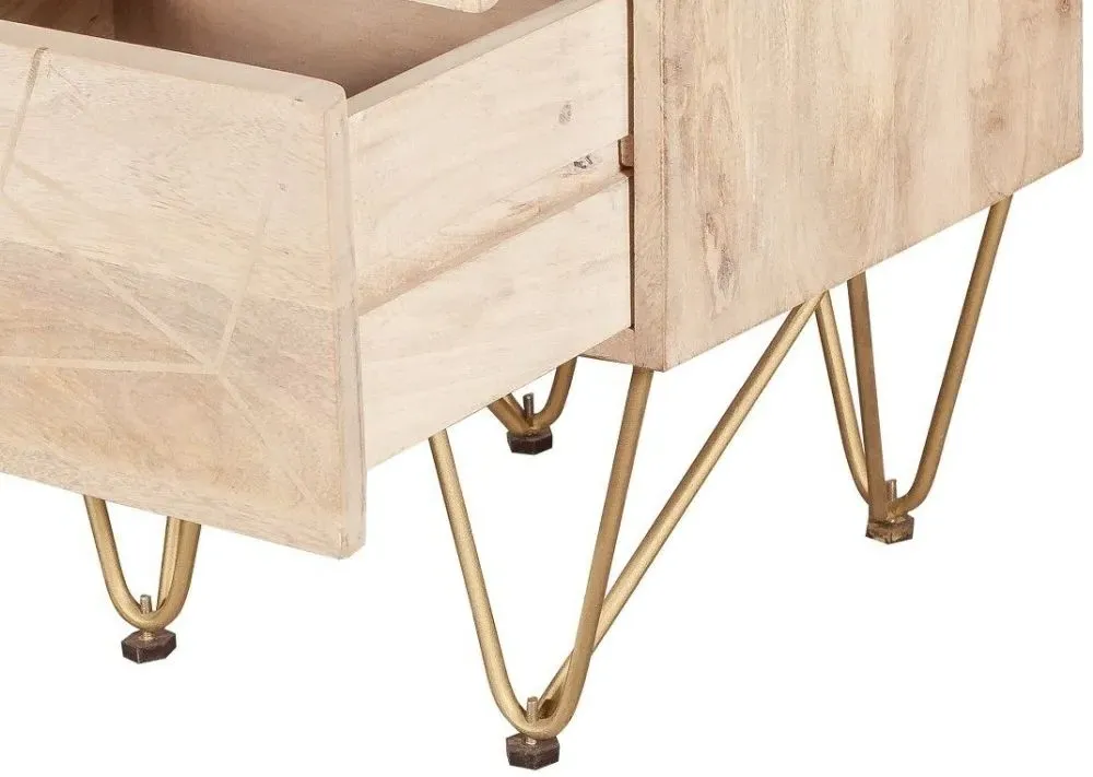Kaza 2 Drawer Side Table with Gold Inlay - Light Natural, Mango Wood