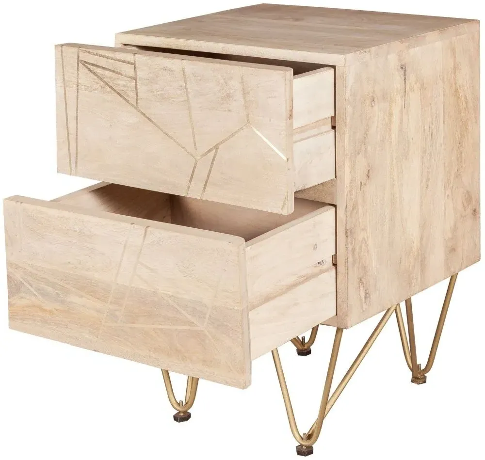 Kaza 2 Drawer Side Table with Gold Inlay - Light Natural, Mango Wood