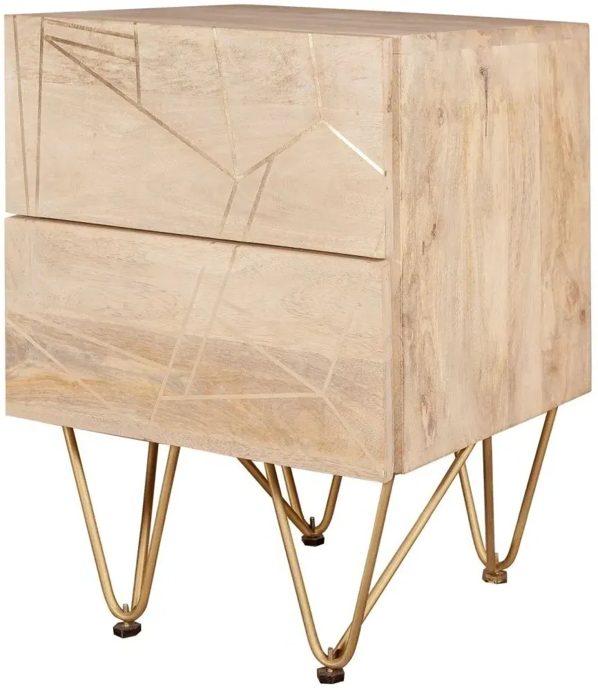Kaza 2 Drawer Side Table with Gold Inlay - Light Natural, Mango Wood