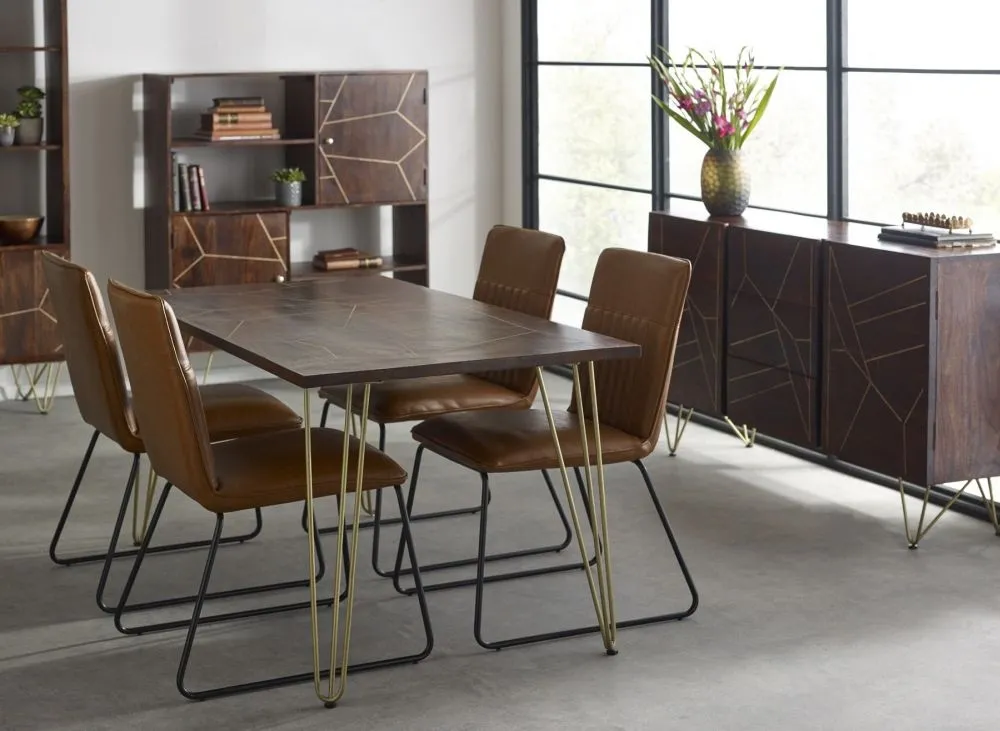 Kaza 6 Seater Dining Table with Gold Inlay - Dark Walnut, Mango Wood