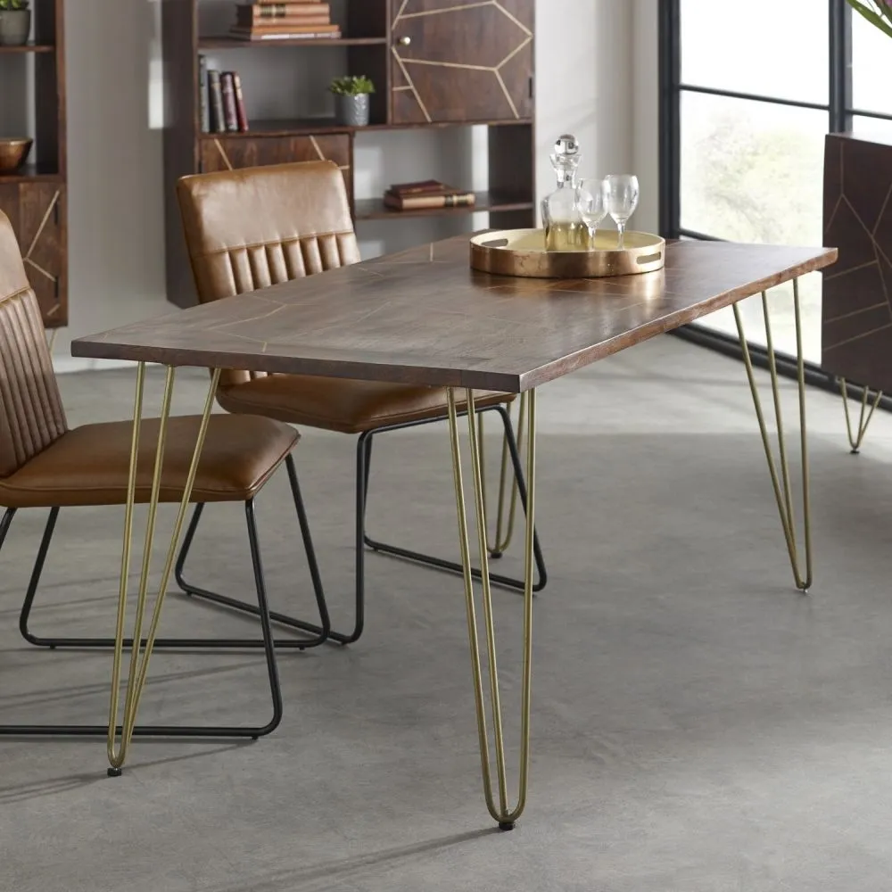 Kaza 6 Seater Dining Table with Gold Inlay - Dark Walnut, Mango Wood