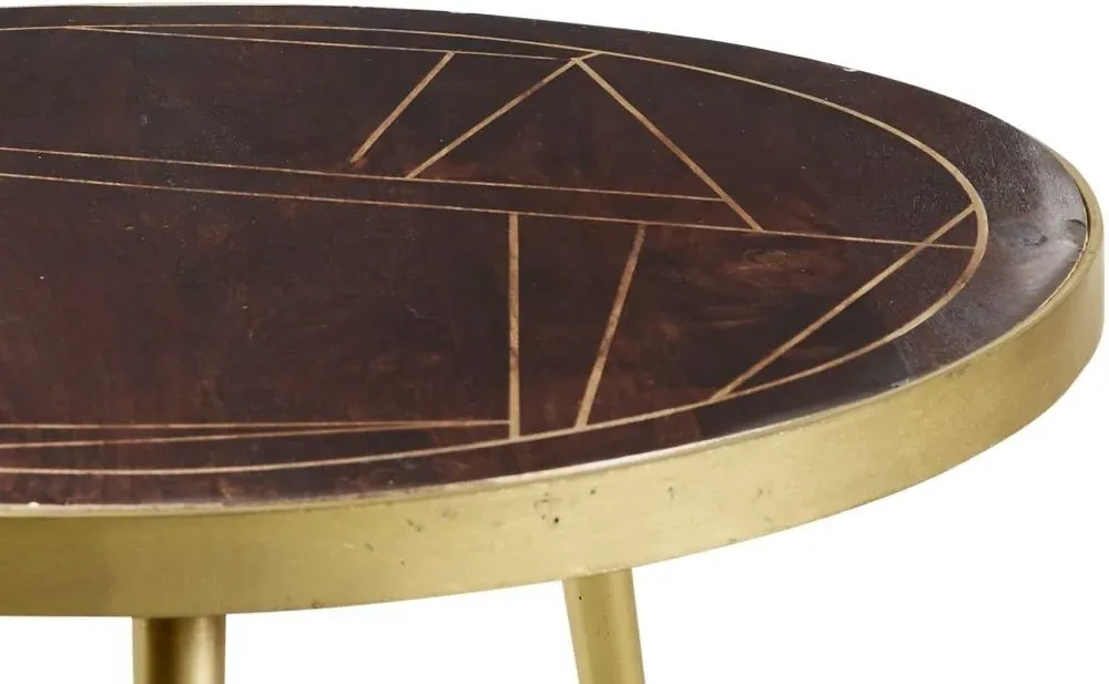 Kaza Round Coffee Table with Gold Geometric Inlay - Dark Walnut