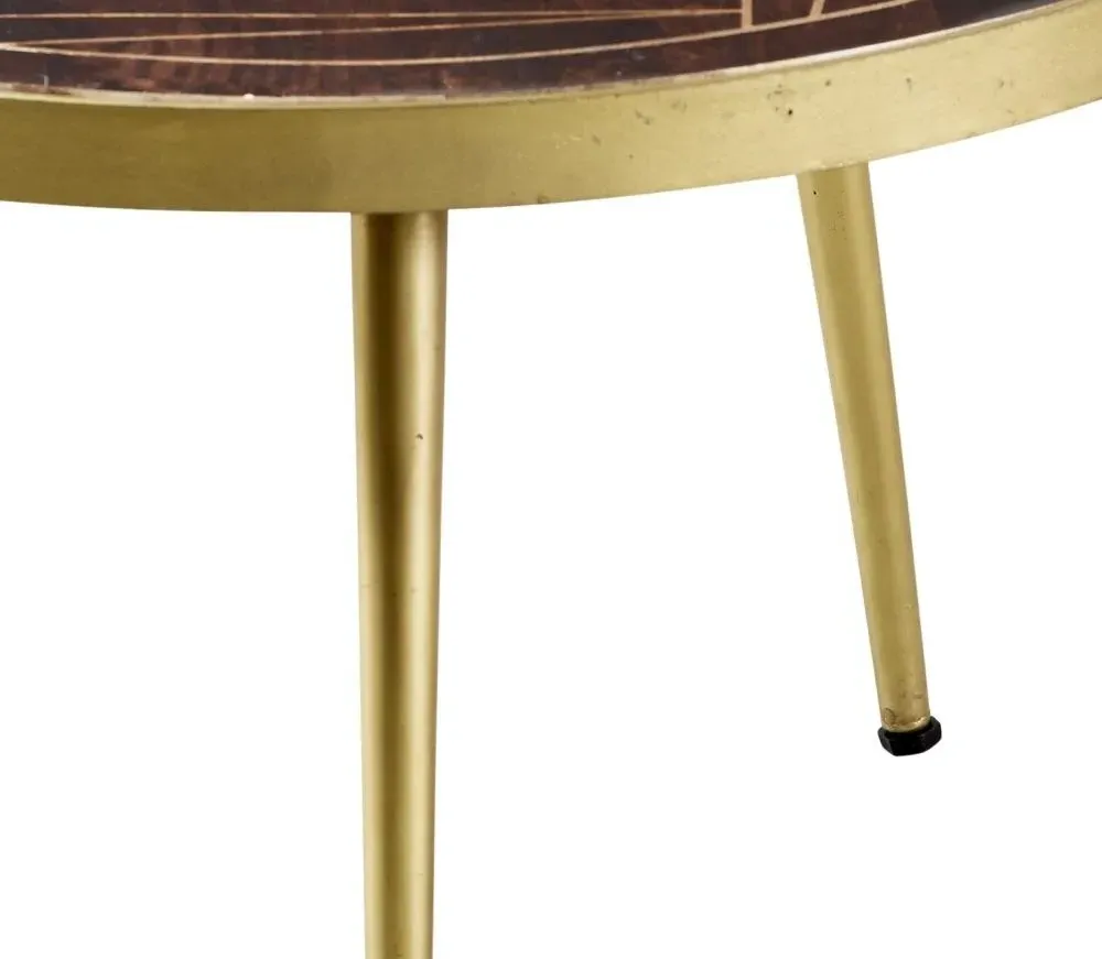 Kaza Round Coffee Table with Gold Geometric Inlay - Dark Walnut