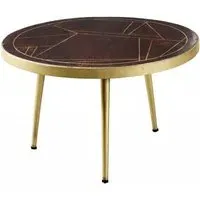 Kaza Round Coffee Table with Gold Geometric Inlay - Dark Walnut