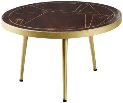 Kaza Round Coffee Table with Gold Geometric Inlay - Dark Walnut image