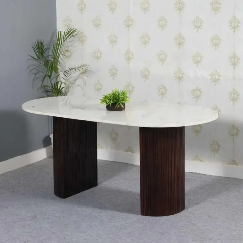 Opal Fluted 6-Seater Double Pedestal Dining Table - White, Marble