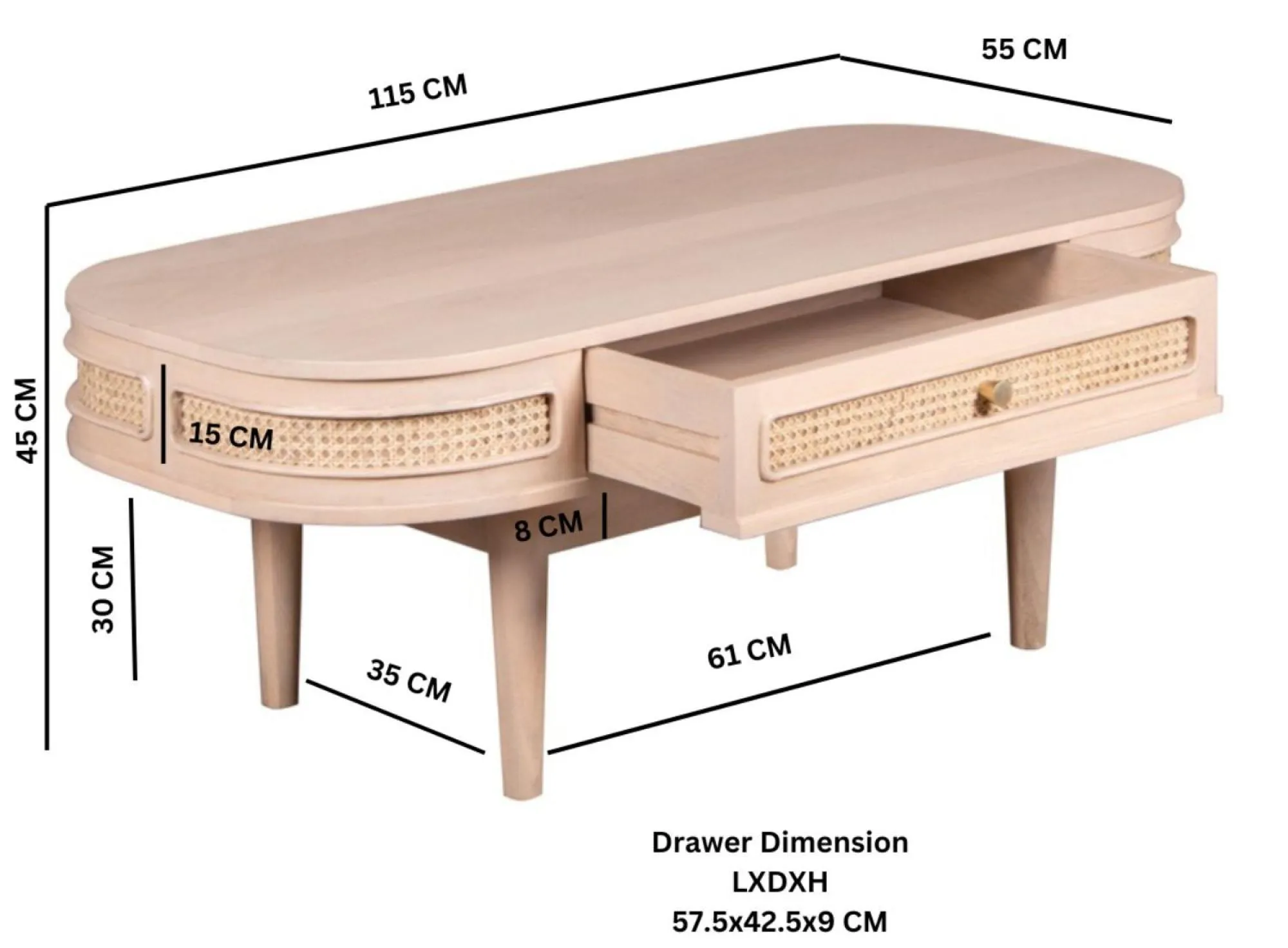 Vance Curved Coffee Table with Storage - Natural, Rattan