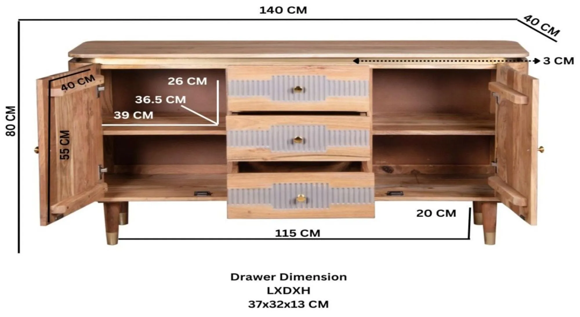 William Acacia Ribbed 140cm Medium Sideboard - Lacquered