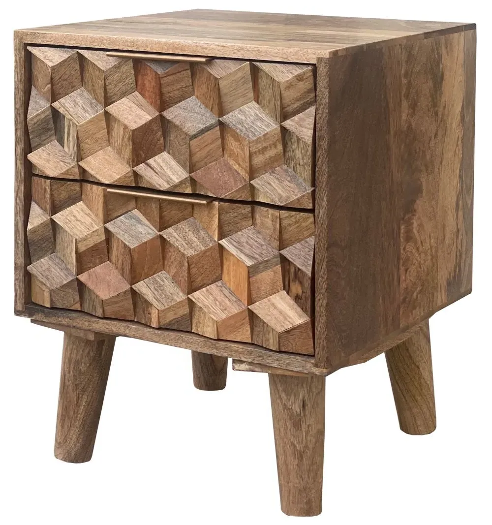 Geometric Carved 2 Drawer Bedside Cabinet - Mango Wood