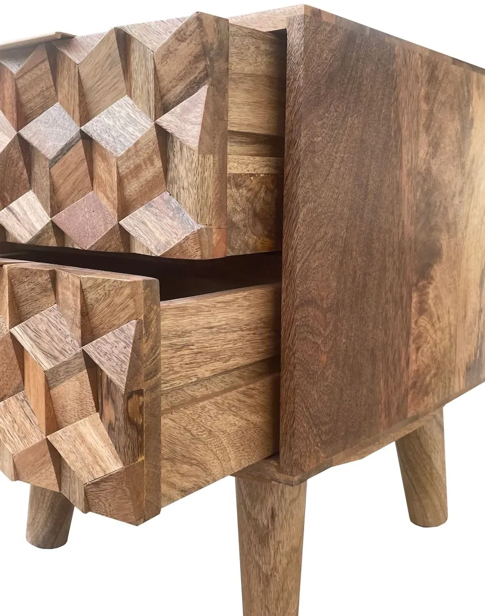 Geometric Carved 2 Drawer Bedside Cabinet - Mango Wood