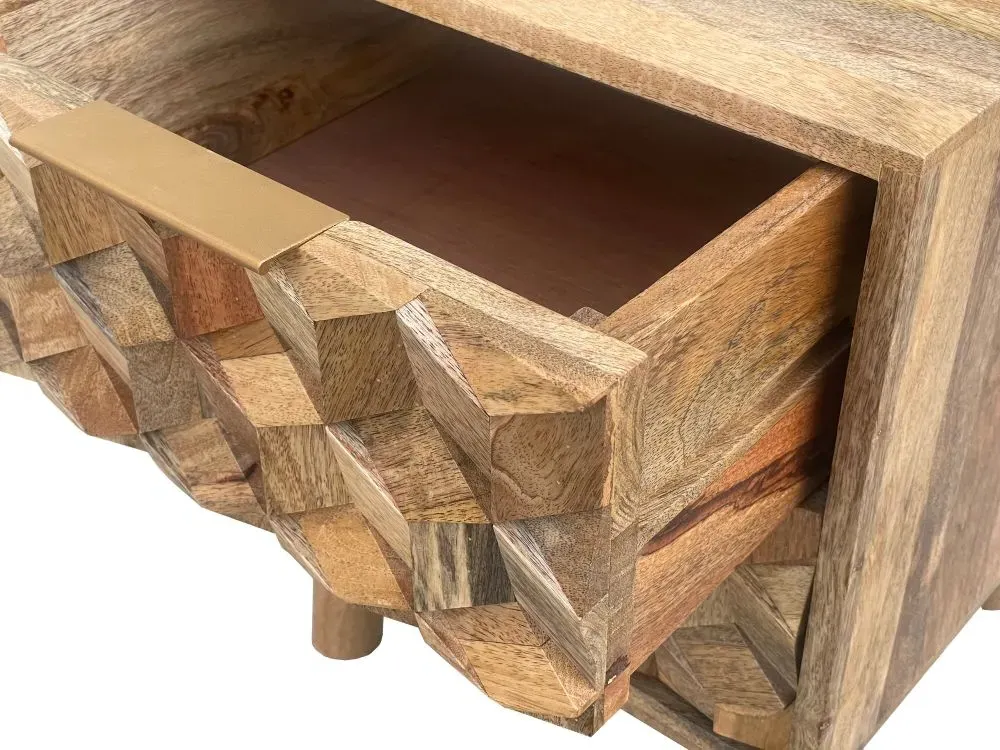 Geometric Carved 2 Drawer Bedside Cabinet - Mango Wood