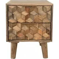 Geometric Carved 2 Drawer Bedside Cabinet - Mango Wood