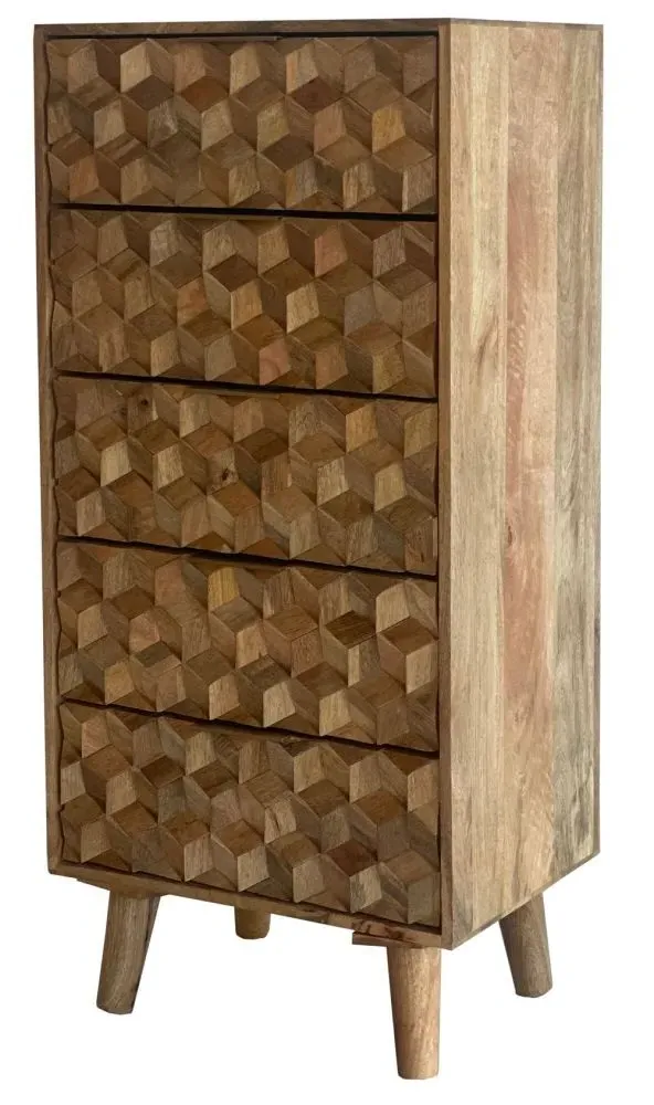 Geometric Carved 5 Drawer Narrow Chest - Mango Wood