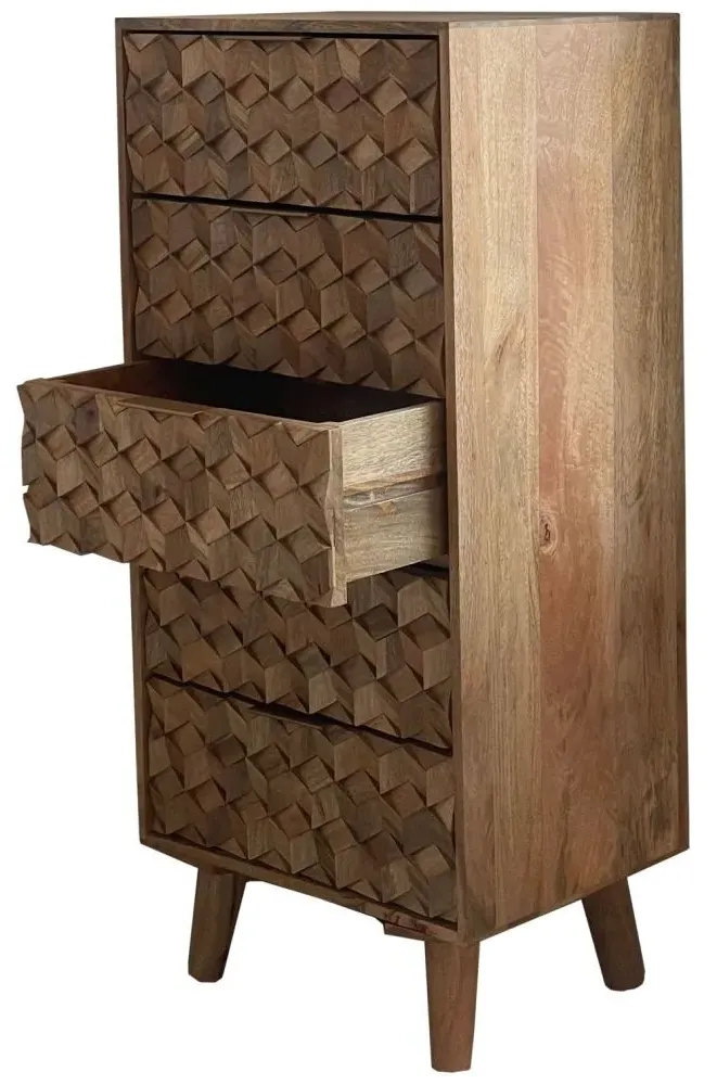 Geometric Carved 5 Drawer Narrow Chest - Mango Wood
