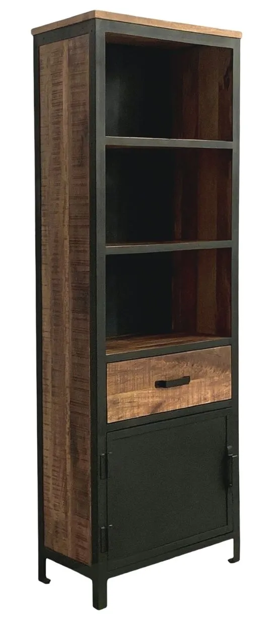 Induse Narrow Bookcase with Door and Drawer - Rough Sawn, Mango Wood