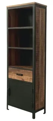 Induse Narrow Bookcase with Door and Drawer - Rough Sawn, Mango Wood image
