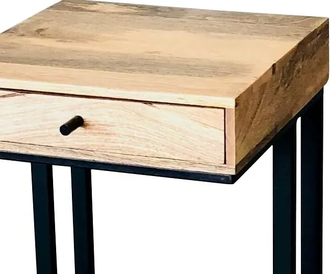 Ravi Large C-Shape Side Table with Drawer - Mango Wood