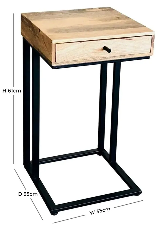 Ravi Large C-Shape Side Table with Drawer - Mango Wood