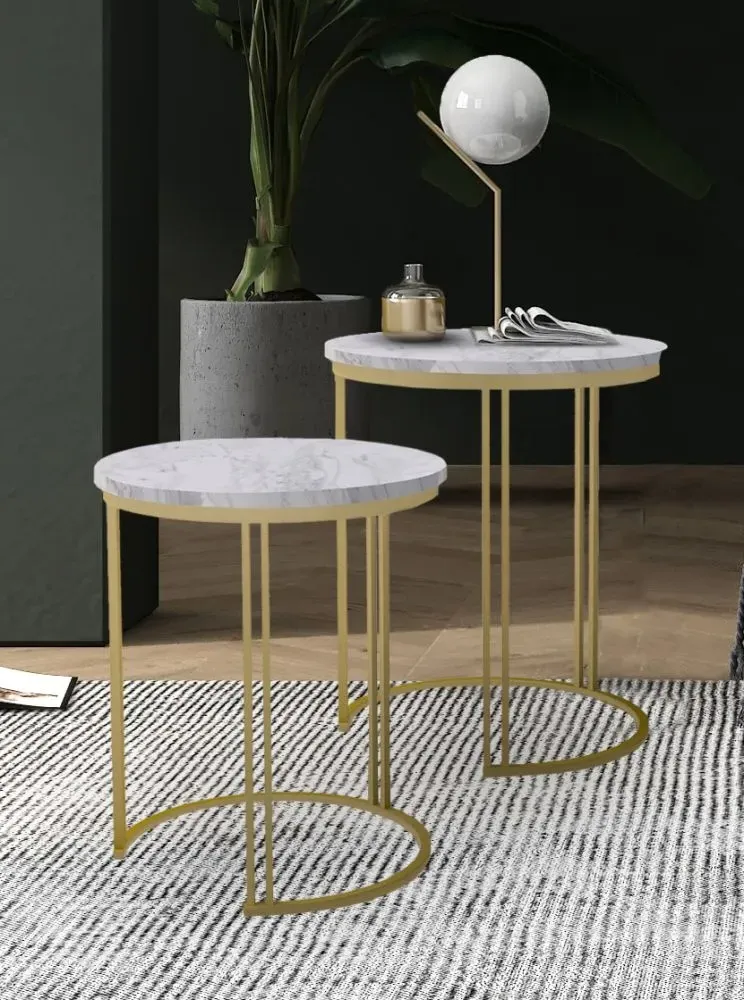 Ravi Round Nest of 2 Tables - White, Marble
