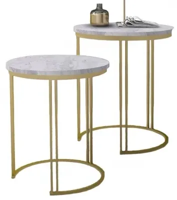 Ravi Round Nest of 2 Tables - White, Marble