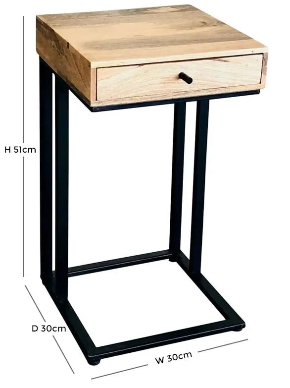 Ravi Small C-Shape Side Table with Drawer - Mango Wood