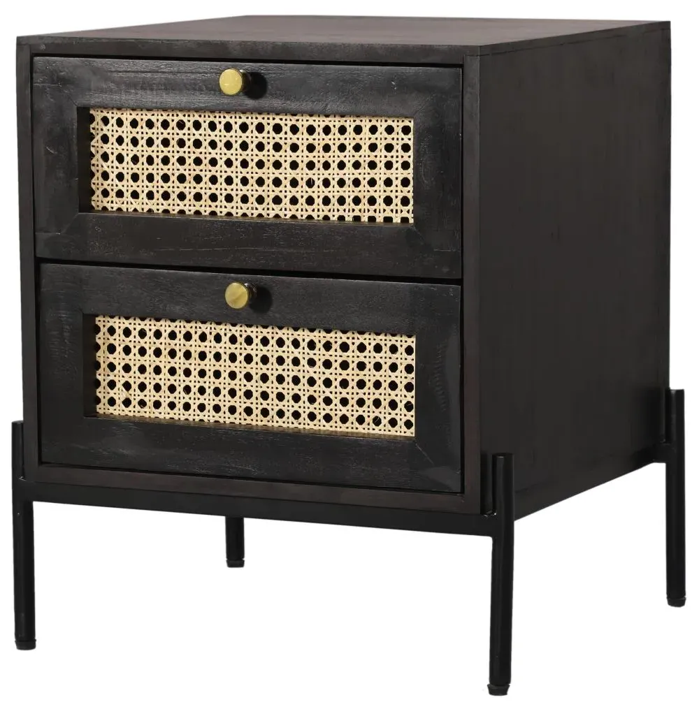 Tapola 2 Drawer Bedside Cabinet - Black, Wood and Rattan