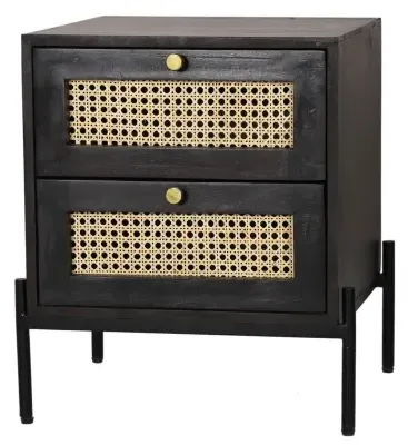 Tapola 2 Drawer Bedside Cabinet - Black, Wood and Rattan