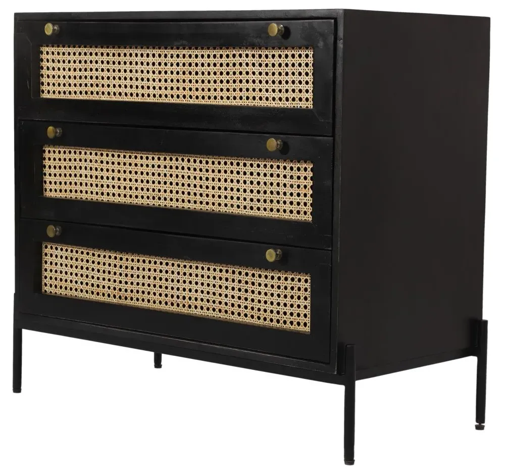 Tapola 3 Drawer Small Chest - Black, Wood and Rattan