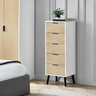 Alba Narrow 5 Drawer Chest - White, Oak