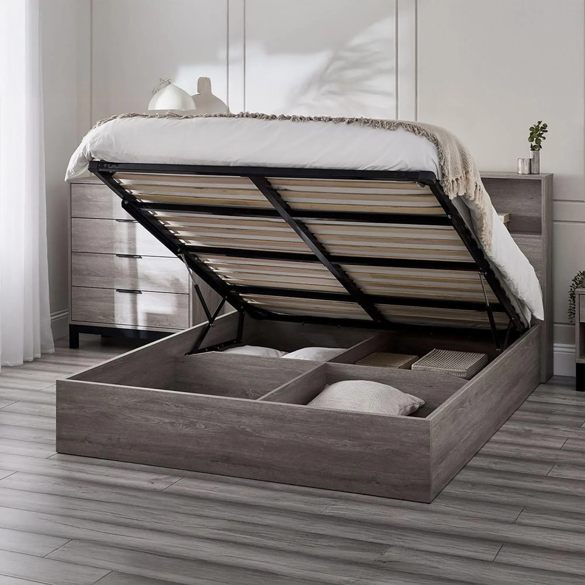 Bali Ottoman Storage Bed - Grey Oak