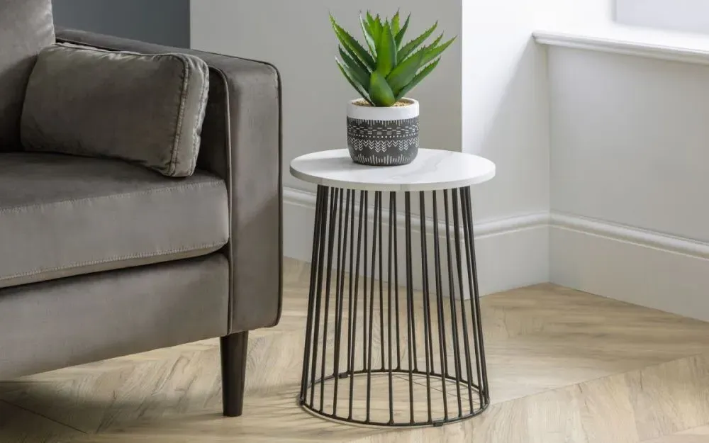 Broadway Round Lamp Table - White, Marble Effect