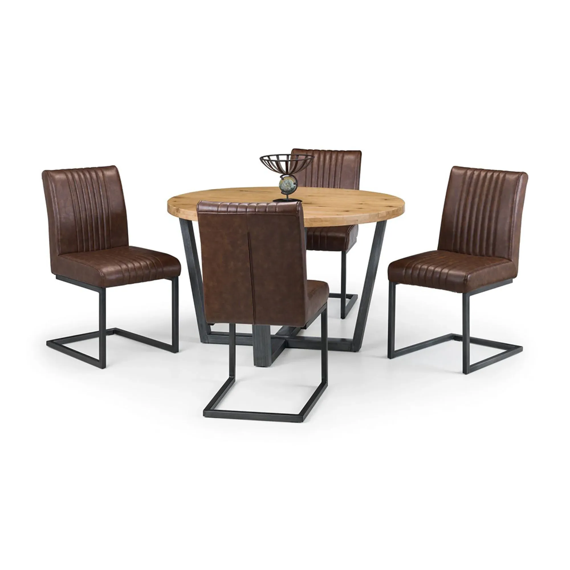 Brooklyn 4-Seater Round Dining Set with Leather Chairs - Oak