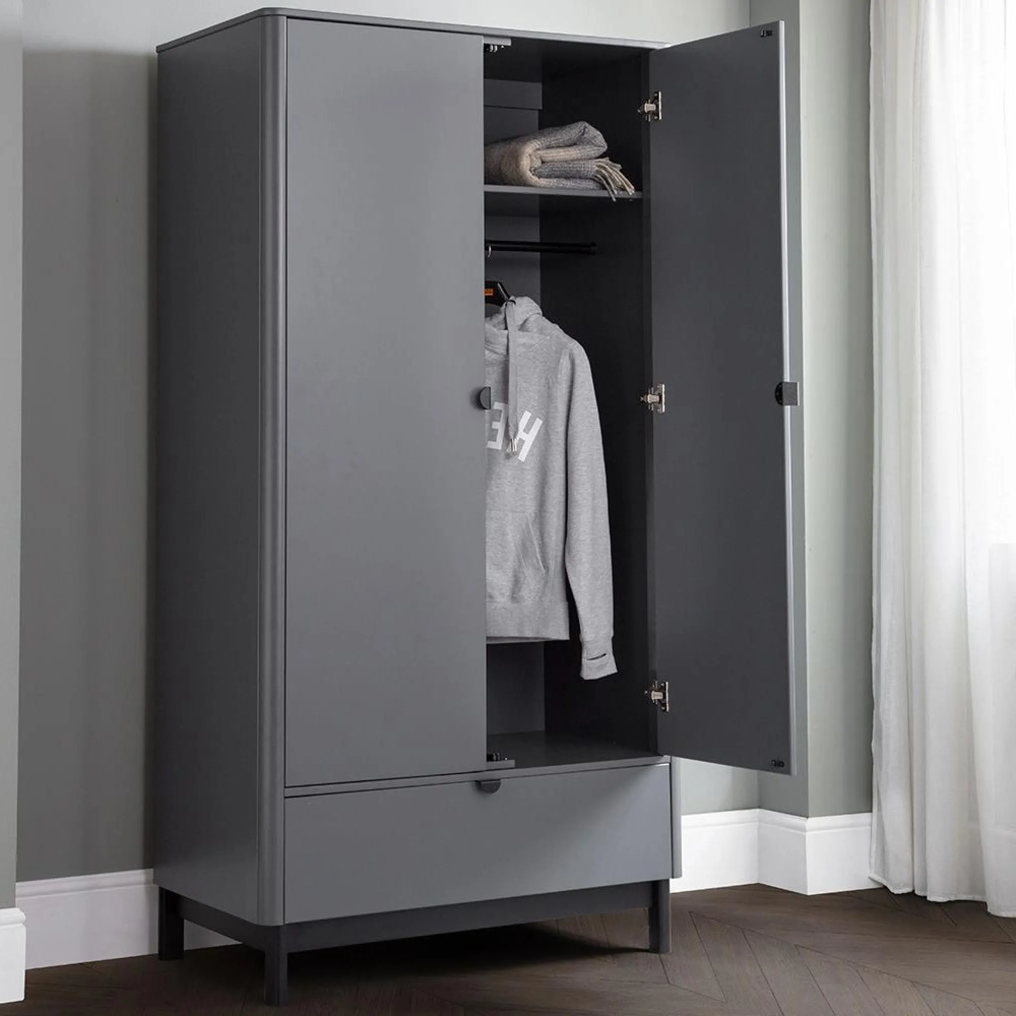 Chloe 2 Door Double Wardrobe with Drawer - Grey