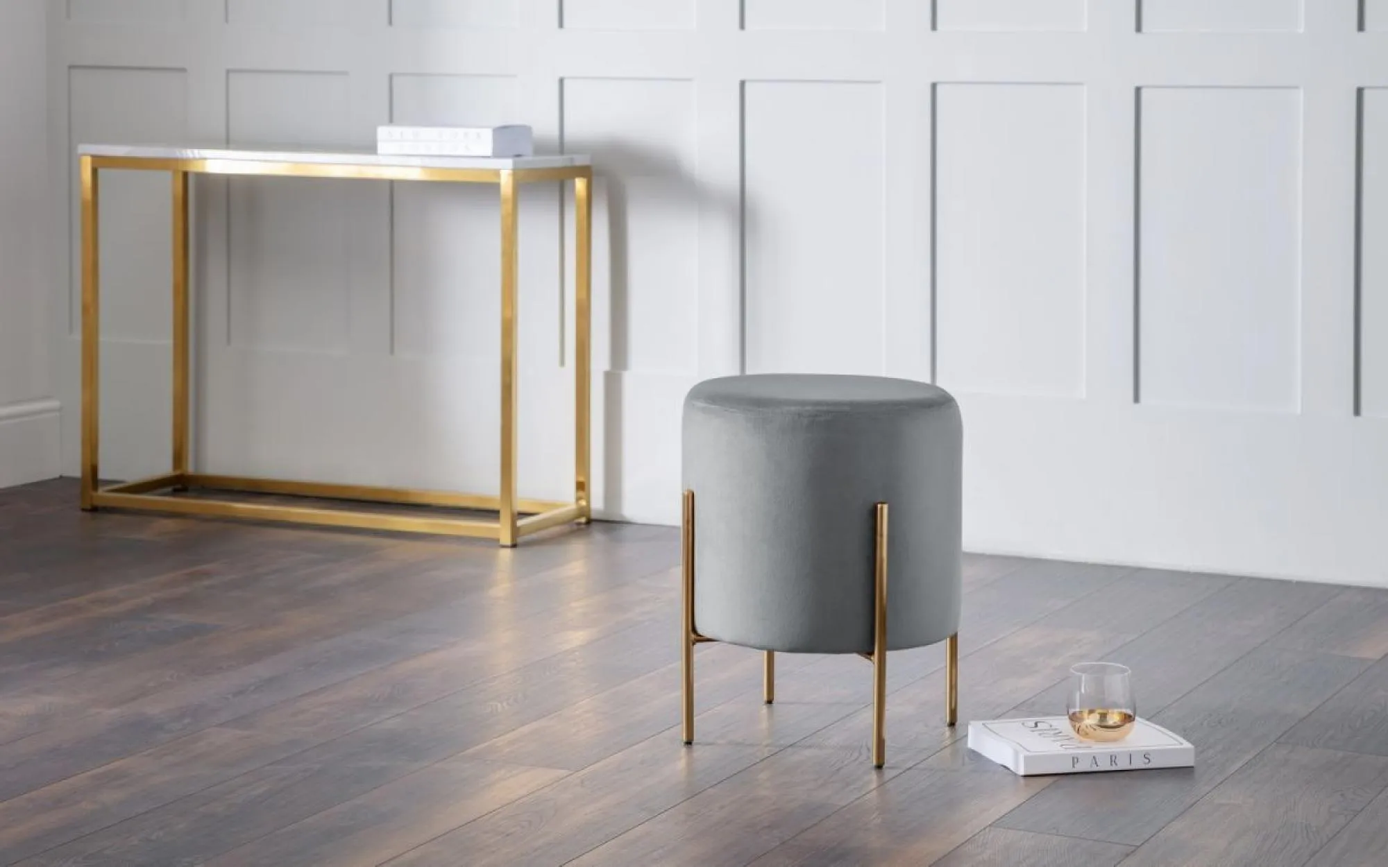 Harrogate Round Upholstered Stool - Grey, Velvet