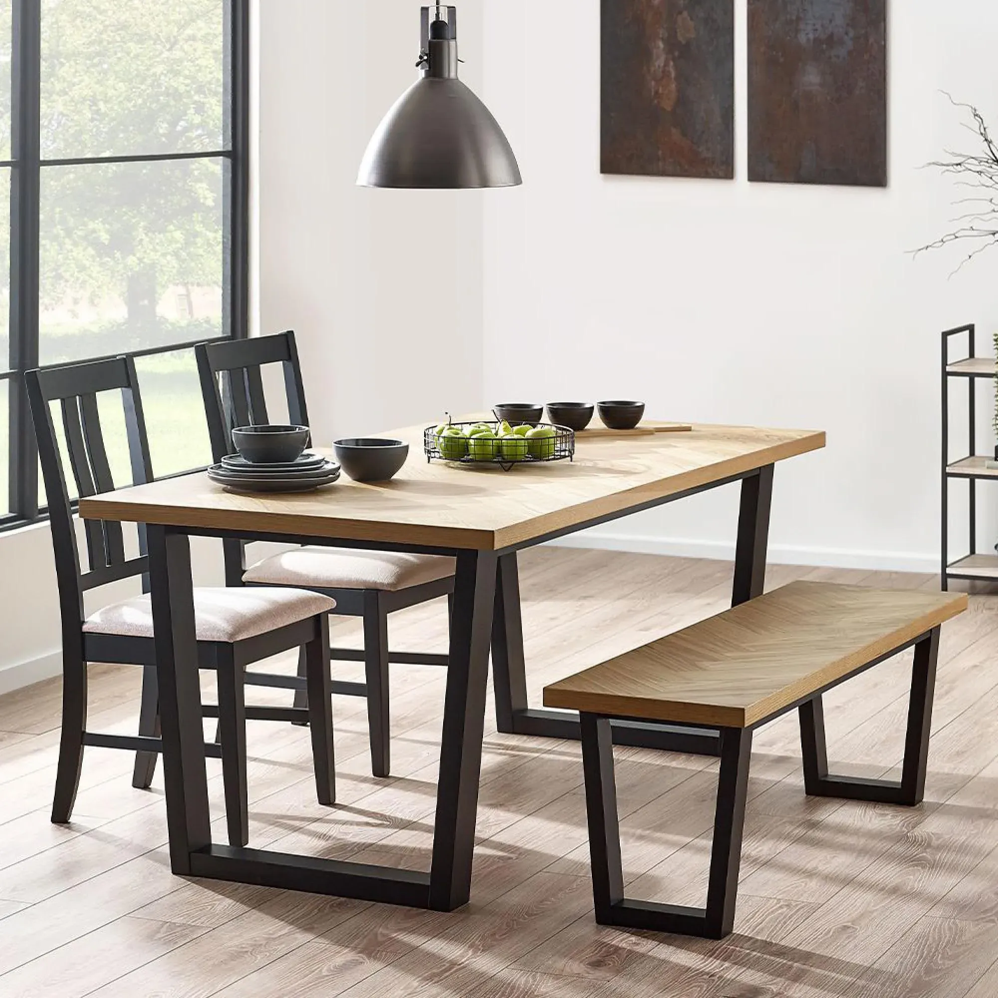 Hilton Herringbone Dining Bench - Black, Oak