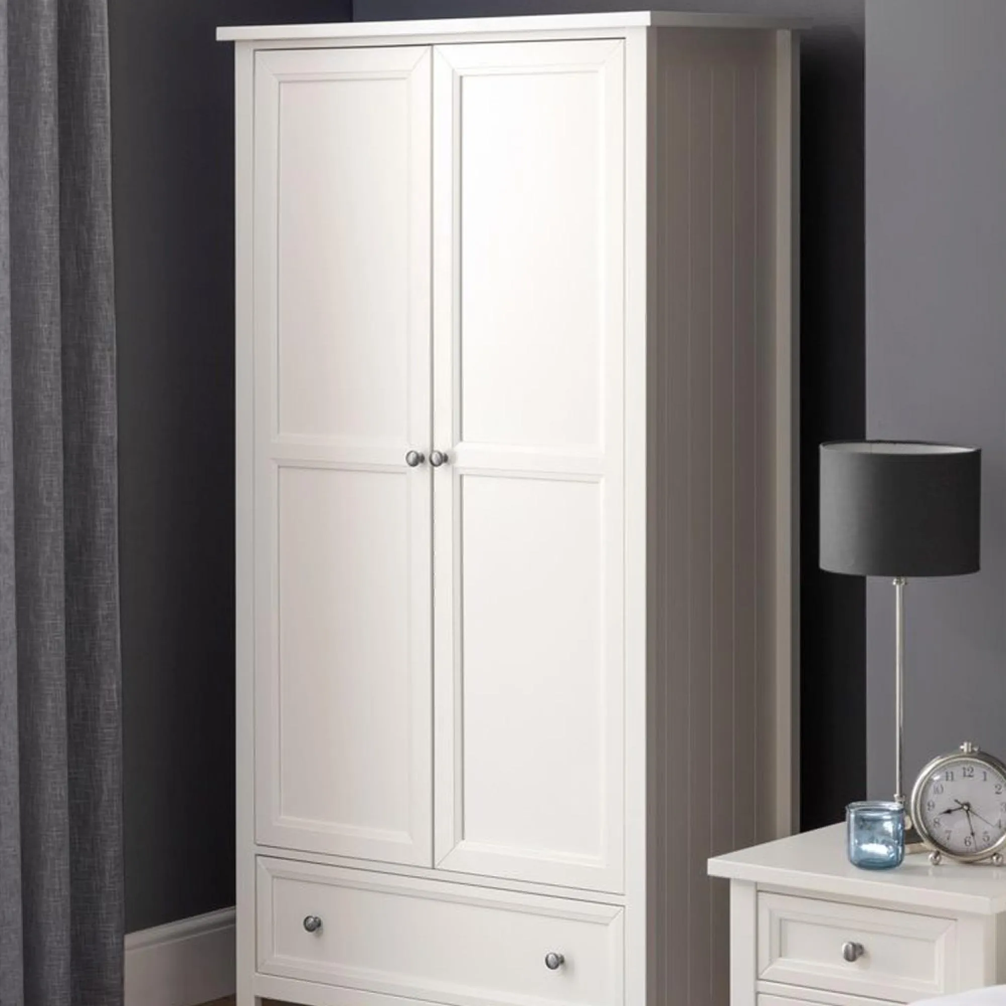 Maine 2 Door Wardrobe with Drawer - White, Pine