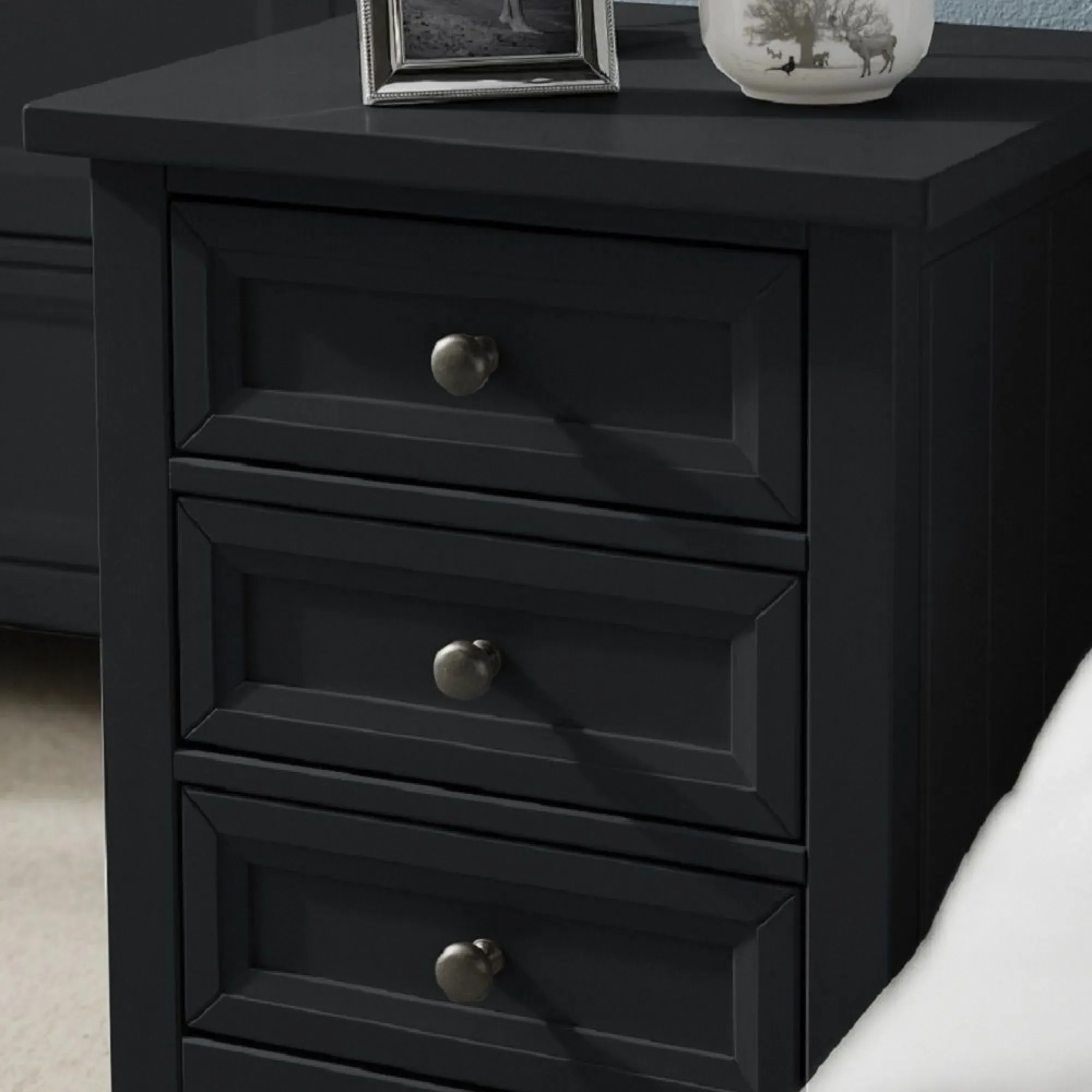 Maine 3 Drawer Bedside Cabinet - Black, Pine