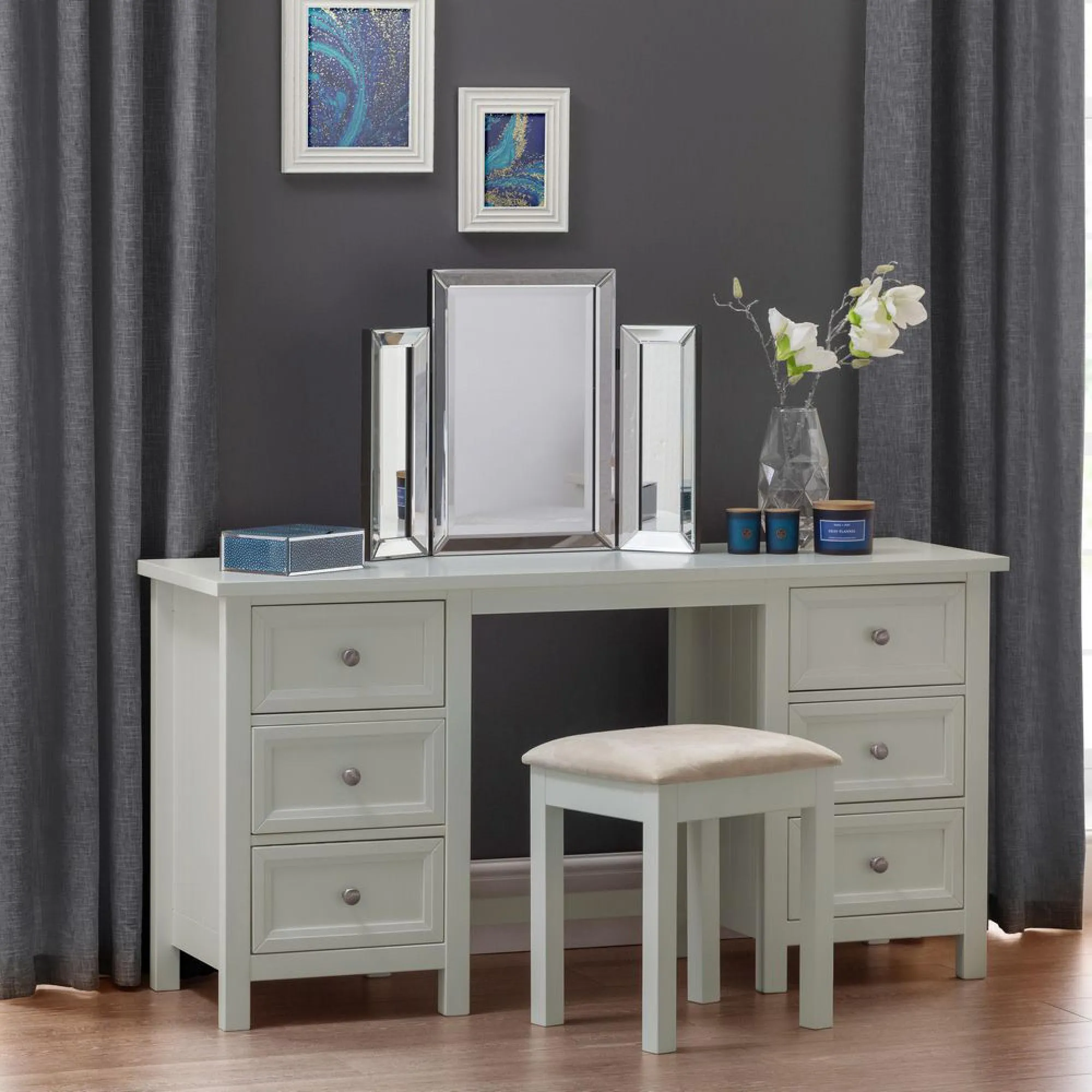 Maine 6 Drawer Double Dressing Table - Grey, Pine