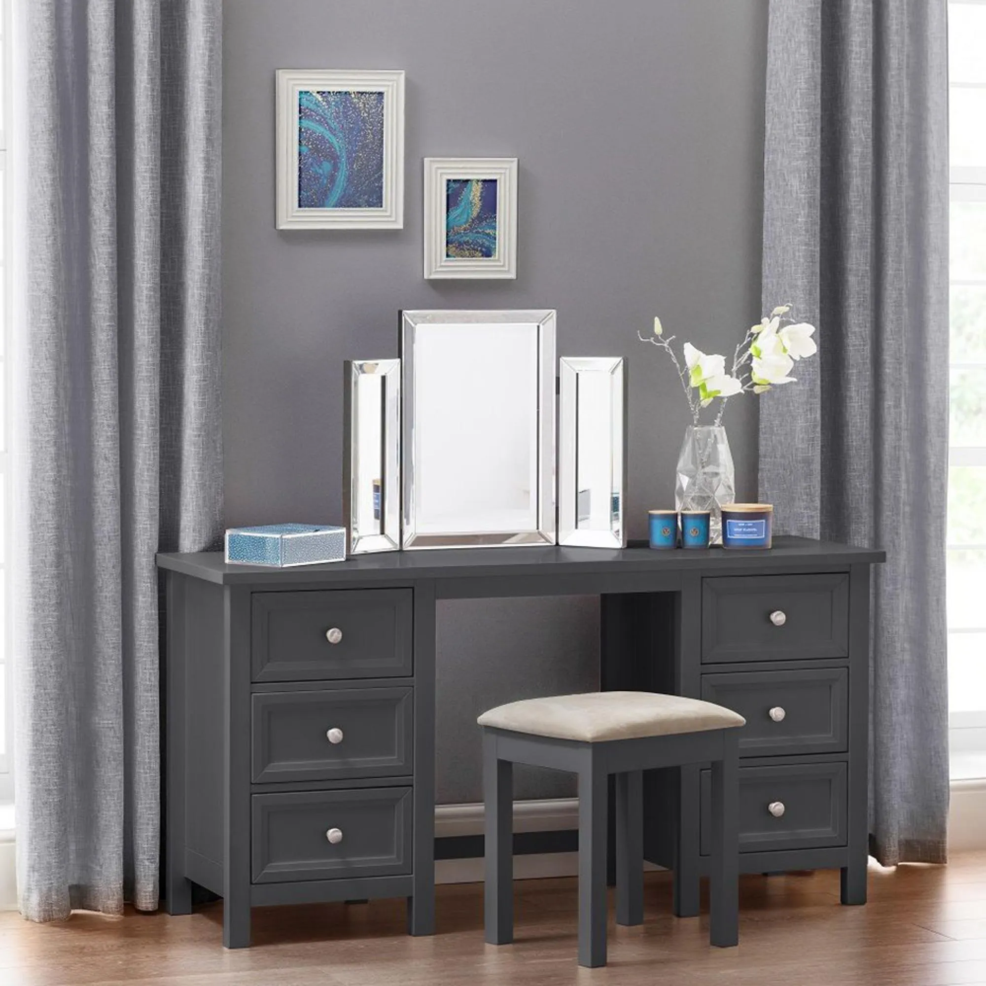 Maine Padded Dressing Stool - Anthracite, Pine