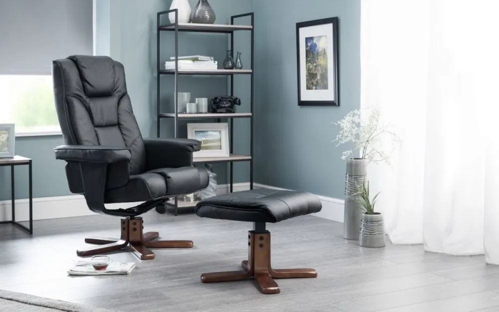 Malmo Recliner Chair with Footstool - Black, Faux Leather