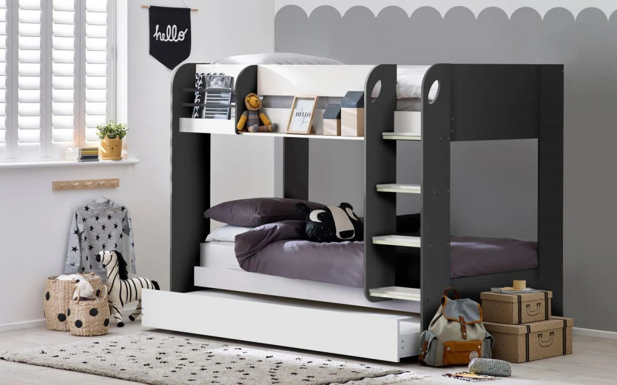 Mars Bunk Bed - Charcoal Oak, White Fabric