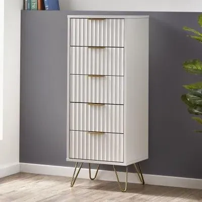 Murano Ribbed 5 Drawer Narrow Chest - White