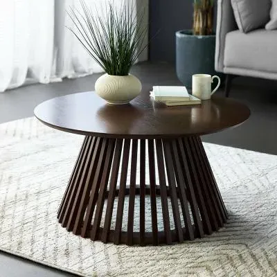 Ollie Round Coffee Table with Slatted Base - Dark Oak