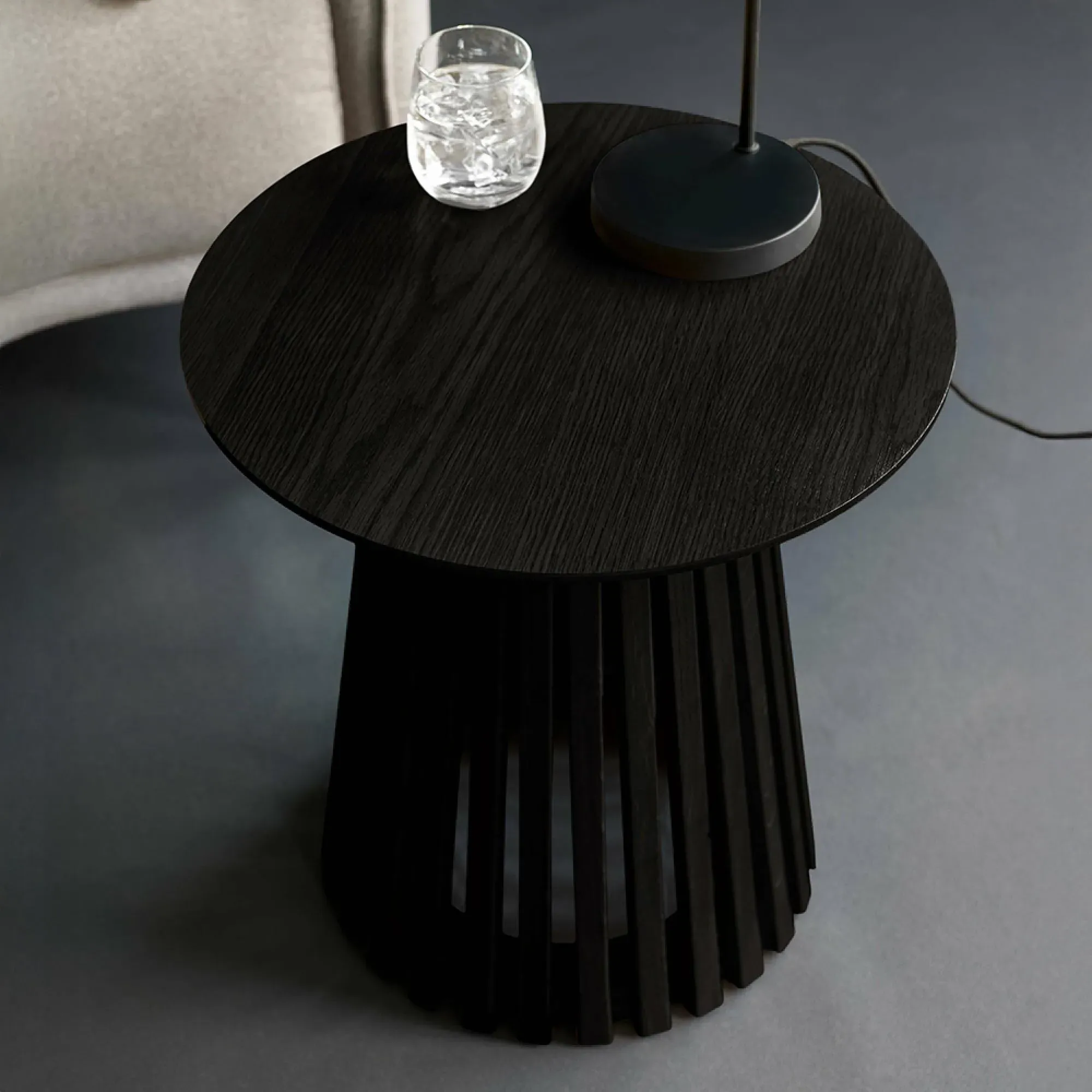 Ollie Round Lamp Table with Slatted Base - Black