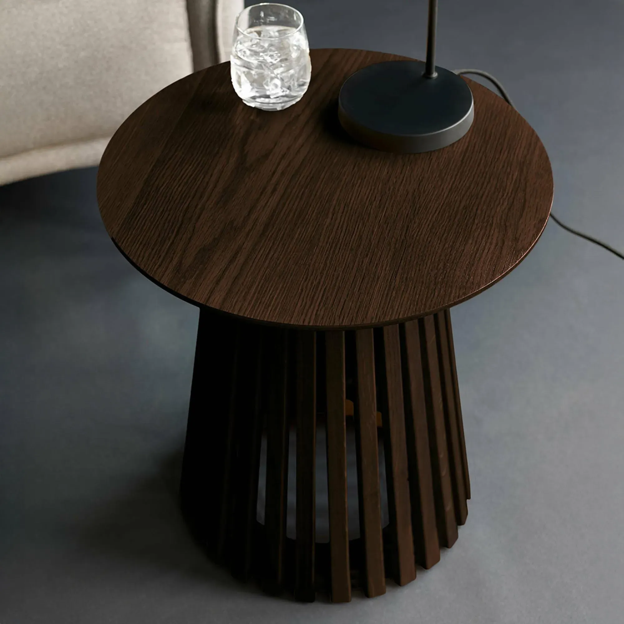 Ollie Round Lamp Table with Slatted Base - Dark Oak