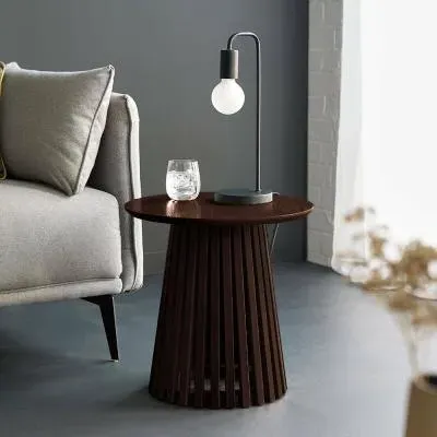 Ollie Round Lamp Table with Slatted Base - Dark Oak