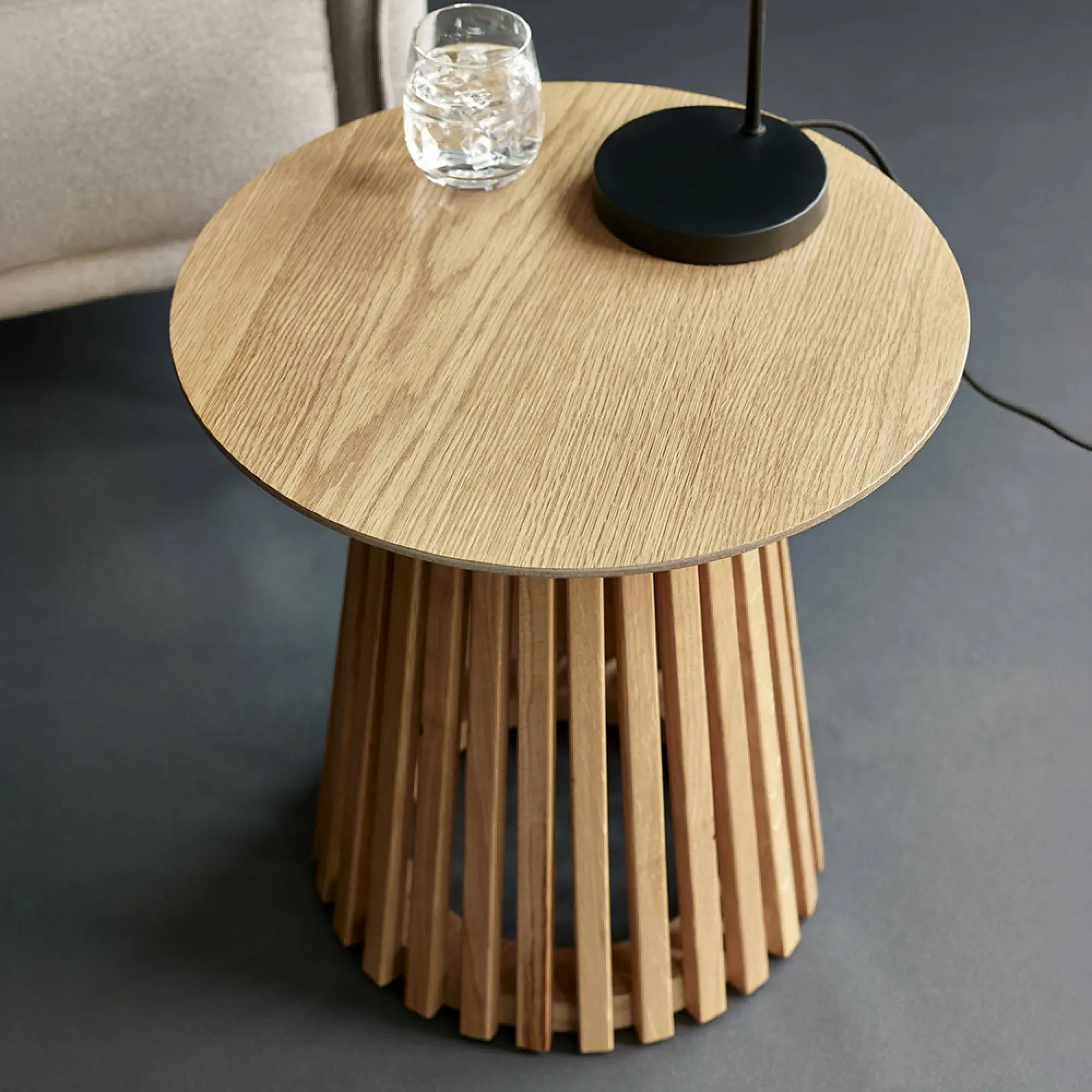 Ollie Round Lamp Table with Slatted Base - Natural Oak