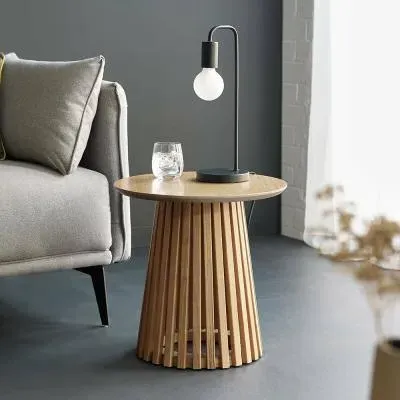 Ollie Round Lamp Table with Slatted Base - Natural Oak